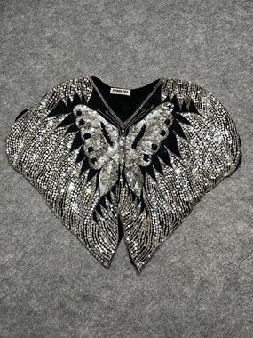 Black and Silver Sequin Butterfly Disco Era Cape-Style Top